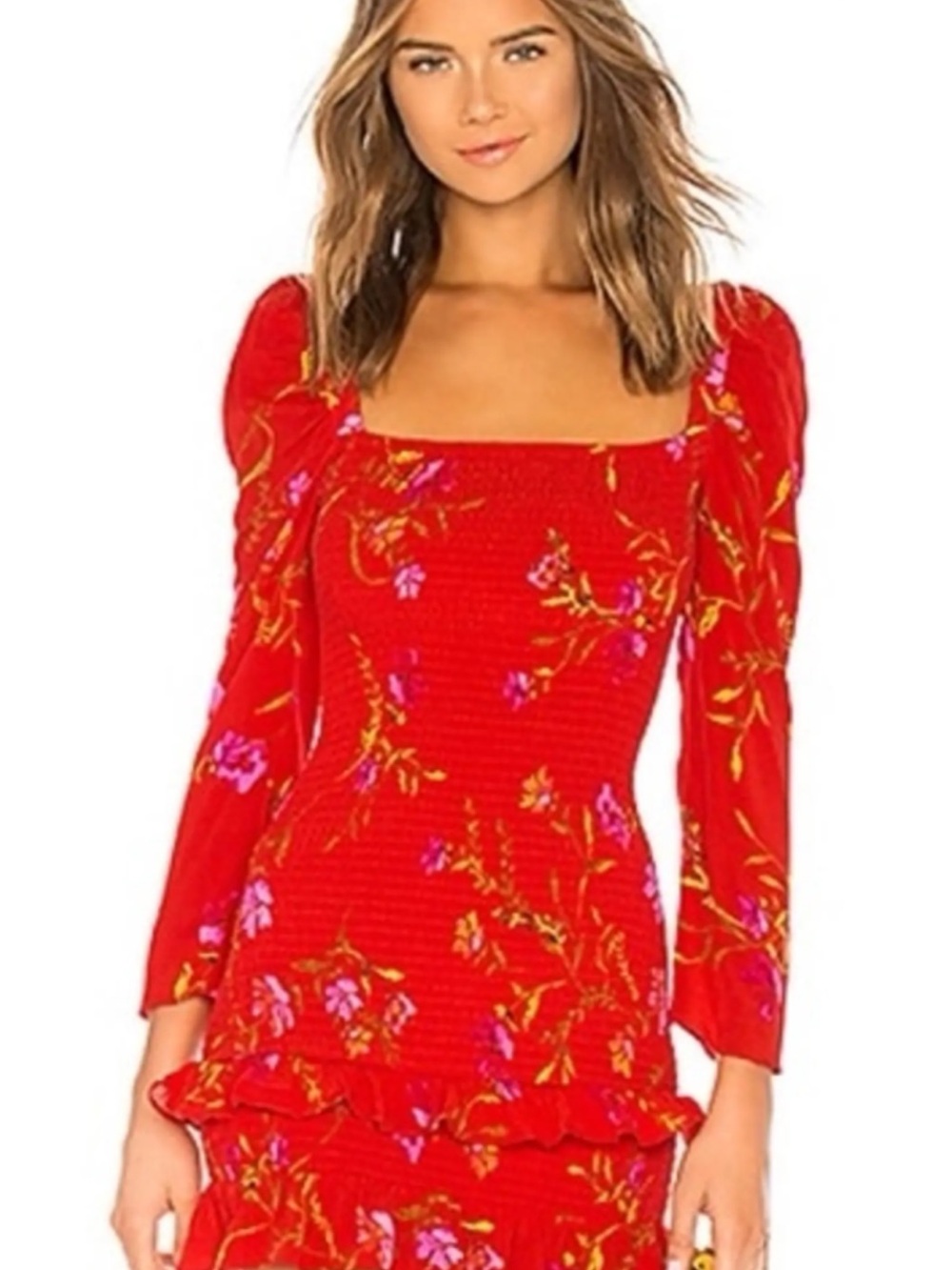 Lovers + Friends Red Floral Smocked Puff-Sleeve Mini Dress